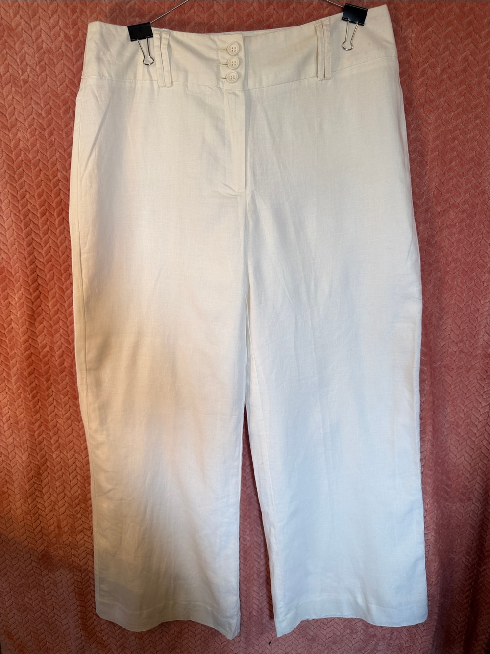 Dress Barn Cream Wide-Leg Button linen lined 3 button Front Trousers